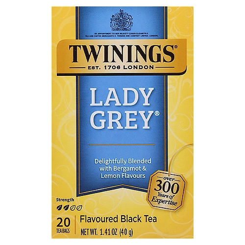 Twinings of London Lady Grey Black Tea Bags, 20 count, 1.41 oz
Master Blender's Notes
Notes: Refreshing, citrusy, smooth
Colour: Bright, clean, amber
Steep Time: 3 minutes (recommended)

Legend has it that the second Earl Grey was presented with an exquisite blend of tea by an envoy on his return from China. He liked it so much, he asked Richard Twining to recreate it for him. Richard did so and that blend would become known throughout the world as Earl Grey tea. Although it's hard to top an original, our continuous pursuit of new and unique teas brought forth Lady Grey® tea - a softer, more elegant version of Earl Grey tea developed exclusively by Twinings.
This aromatic blend starts with teas carefully selected from distinct regions, each with their own unique characteristics. The light, milk taste originates from teas grown in the humid, subtropical climates of China and Central Africa, while low-grown teas from India provide its bright, amber colour. Orange peel, lemon peel and other citrus fruit flavors are then added to yield a fresh, uplifting tea that just may become one of your new favourites.
Andrew Whittingham-Master Blender