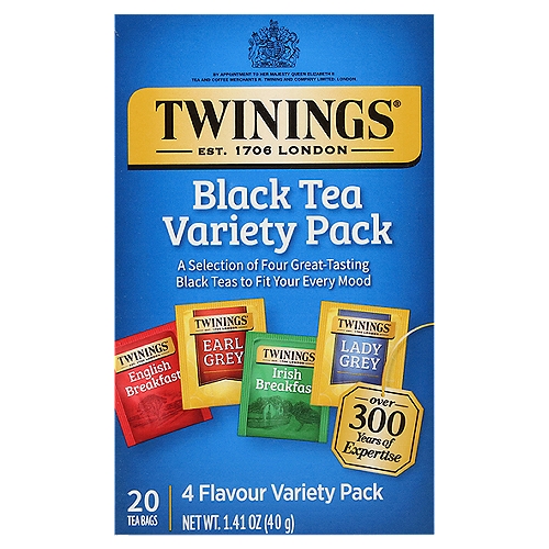 Twinings of London 4 Flavour Black Tea Bags Variety Pack, 20 count, 1.41 oz
A selection of four great-tasting traditional black teas to suit your every mood.