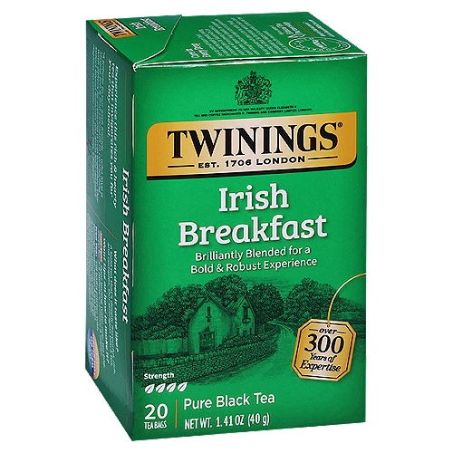 Twinings of London Irish Breakfast 100% Pure Black Tea Bags, 20 count, 1.41 oz
Tea Profile
Strength: 4
Notes: Thick, malty, full-bodied
Origins: Kenya, Indonesia, Assam and China

Master Blender's Notes
Notes: Thick, malty, full-bodied
Colour: Bright, coppery-red
Strength: 4
Steep time: 4 minutes (recommended)

Our Irish Breakfast tea pays tribute to the Irish, who are well-known for their love of strong teas. This blend combines teas carefully selected from four distinct regions to give it added body, flavour and strength.
The bold taste originates from teas grown in the tropical climate of Assam and the rich, amber colour from teas grown in the fertile terra rossa soil of Kenya. The hardiness from these regions is complemented by the softer and more subtle teas from Indonesia and China to yield a full-bodied tea with a smooth finish.
Georgina Durnford-Master Blender