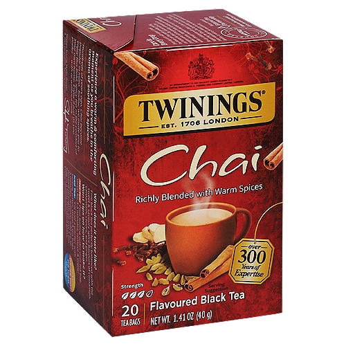 Twinings of London Chai Tea Bags, 20 count, 1.41 oznFine black tea perfectly balanced with the sweet and savoury spice flavours of cinnamon, cardamom, cloves and ginger.nnThe finest black tea expertly blended with the sweet and the savoury spice flavours of cinnamon, cardamom, cloves and ginger to deliver a flavourful tea with a warm, soothing aroma and fresh, spicy taste.