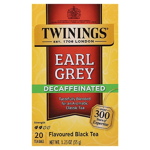 Twinings of London Decaffeinated Earl Grey Black Tea Bags, 20 count, 1.23 oz
Brighten up your day with the distinctive taste and aroma of this classic tea.

Master Blender's Notes
Notes: Fragrant, floral, citrusy
Colour: Translucent, reddish-brown
Steep Time: 3 minutes (Recommended)
''Twinings has been blending my family tea for years. Legend has it that my ancestor, the second Earl Grey, was presented with this exquisite recipe by an envoy on his return from China. He liked it so much, he asked Richard Twining to recreate it for him. Generations of my family have enjoyed Earl Grey tea and today, I am proud to continue this tradition with the tea celebrated throughout the world known as Twinings Earl Grey.''
The seventh Earl Grey

At Twinings, we take great care to ensure that the Earl Grey tea you drink today tastes as extraordinary as the one Richard Twining first recreated. Fresh, fragrant and flavoured with distinctive notes of citrus and bergamot, this Earl Grey tea has all the taste of the original.
Rishi Raaj Deb-Master Blender