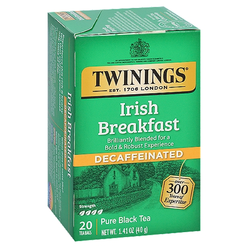 Twinings of London Irish Breakfast Decaffeinated 100% Pure Black Tea Bags, 20 count, 1.41 oz
Tea Profile
Strength: 4
Notes: Thick, malty, full-bodied
Origins: Kenya and Assam

Master Blender's Notes
Notes: Thick, malty, full-bodied
Colour: Bright, coppery-red
Strength: 4
Steep Time: 4 minutes (recommended)

Our Irish Breakfast tea pays tribute to the Irish, who are well-known for their love of strong teas. This blend combines the finest teas carefully selected from Assam and Kenya to give it added body, flavour and strength.
The bold taste originates from teas grown in the low elevation estates and tropical climate of Assam, while the rich, amber colour comes from teas grown in the fertile terra rossa soil of Kenya. The combination of these varieties yields a full-bodied tea with a smooth finish.
Georgina Durnford-Master Blender