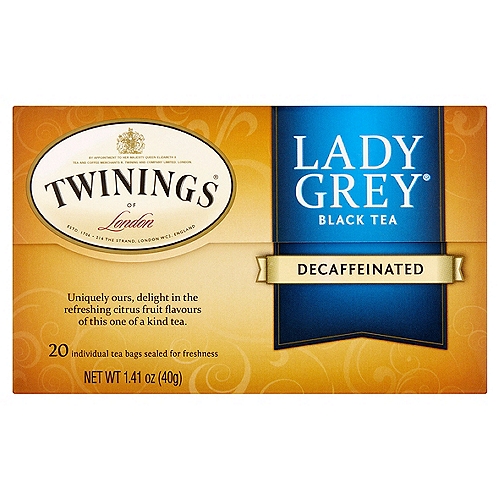 Twinings of London Decaffeinated Lady Grey Black Tea Bags, 20 count, 1.41 oz
Uniquely ours, delight in the refreshing citrus fruit flavours of this one of a kind tea.

Master Blender's Notes
Notes: Refreshing, citrusy, smooth
Colour: Bright, clean, amber
Steep Time: 3 minutes (recommended)

Legend has it that the second Earl Grey was presented with an exquisite blend of tea by an envoy on his return from China. He liked it so much, he asked Richard Twining to recreate it for him. Richard did so and that blend would become known throughout the world as Earl Grey tea. Although it's hard to top an original, our continuous pursuit of new and unique teas brought forth Lady Grey® tea - a softer, more elegant version of Earl Grey tea developed exclusively by Twinings.

This aromatic blend starts with teas carefully selected from distinct regions, each with their own unique characteristics. The light, mild taste originates from teas grown in the humid, subtropical climates of China, while teas from Asia provide its bright, amber colour. Orange peel, lemon peel and other citrus fruit flavours, are then added to yield a fresh, uplifting tea that just may become on of your new favourites.

Georgina Durnford-Master Blender