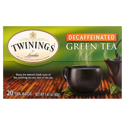 Twinings of London Decaffeinated Green Tea Bags, 20 count, 1.41 oz
Enjoy the smooth, fresh taste of this soothing tea any time of the day.

Master Blender's Notes
Notes: Smooth, fresh, roasted
Colour: Golden, honey-orange
Steep Time: 2 minutes (recommended)

Green tea is the world's most consumed type of tea. Unlike other tea types, freshly picked leaves are quickly heated after harvesting to prevent the tea from oxidizing. Two methods are used to heat the leaves - pan fired for an earthy, more roasted taste, or steamed at high temperatures for a lighter, more delicate taste. This process stops the enzymatic activity in the leaf which allows them to retain their distinctive taste, flavour, aroma and appearance. Green tea is mostly produced in China, where 80% of the world's Green tea is sourced.
This tea is from Zhejiang Province on the Eastern coast of China. Covered with hills and small mountain ranges, this picturesque region has a humid subtropical climate with distinct seasons and the perfect combination of rain and sunshine. Our tea is carefully selected then pan-fired to yield a smooth tea with a fresh taste.
Rishi Raaj Deb-Master Blender