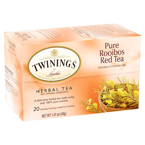 Twinings of London Pure Rooibos Red Herbal Tea Bags, 20 count, 1.41 oznA distinctive herbal tea expertly blended using only pure rooibos to deliver a flavourful tea with an uplifting aroma and naturally sweet taste.