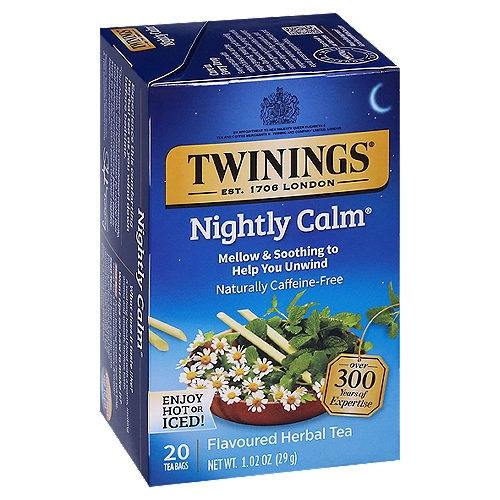 Twinings of London Nightly Calm Herbal Tea Bags, 20 count, 1.02 oz
A Comforting Herbal Tea Made with Soothing Camomile, Cooling Spearmint and the Subtle Flavour of Lemongrass.

A comforting herbal tea expertly blended with camomile, spearmint and the subtle flavour of lemongrass to deliver a soothing tea with a warm, inviting aroma and smooth, mellow taste.
