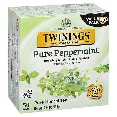 Twinings of London Pure Peppermint Herbal Tea Bags, 50 count
Delight in the fresh, uplifting taste of this warm, savoury tea.

Master Blender's Notes
Notes - Warm, refreshing, minty
Colours - Bright, amber, honey-orange
Steep Time - 4 minutes (recommended)

Herbs have a long history of documented use tracing back to Ancient Egypt, Ancient China and to the beginning of Ayurveda science in India. Herbal tea is not actually tea, because it is not made from the Camellia Sinensis plant. Instead, other common names include infusion and tisane. Herbal teas can be made from any combination of flowers, leaves, seeds, roots, citrus or berry fruits, herbs and spices - which is why the number of unique blends available is virtually limitless. Camomile, Peppermint, Ginger and Hibiscus are some of the most popular ingredients used today.
Peppermint is thought to have originated in Northern Africa and the Mediterranean. Our blend is a unique combination of peppermint leaves sourced from Germany, Poland, North America and other countries around the world. The fresh, minty taste of this savoury tea will lift your mind and spirit.
Jeremy Sturges-Master Blender