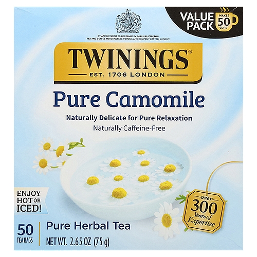 Twinings of London Pure Camomile Herbal Tea Bags, 50 count
End your day perfectly with the soothing comforts of this mellow tea.

Master Blender's Notes
Notes - Smooth, soft, floral
Colours - Translucent, bright, golden
Steep Time - 4 minutes (recommended)

Herbs have a long history of documented use tracing back to Ancient Egypt, Ancient China and to the beginning of Ayurveda science in India. Herbal tea is not actually tea, because it is not made from the Camellia Sinensis plant. Instead, other common names include infusion and tisane. Herbal teas can be made from any combination of flowers, leaves, seeds, roots, citrus or berry fruits, herbs and spices - which is why the number of unique blends available is virtually limitless. Camomile, Peppermint, Ginger and Hibiscus are some of the most popular ingredients used today.
Camomile is thought to have originated in Ancient Egypt. The word ''camomile'' comes from ancient Greece, Chamomaela and means ''ground apple'' because the smell of the camomile flower is similar to the apple blossom. Our blend is a unique combination of camomile sourced mainly from Germany, Chile, and Egypt. Its smooth, mellow taste is a perfect way to wind down after a long day.
Jeremy Sturges-Master Blender