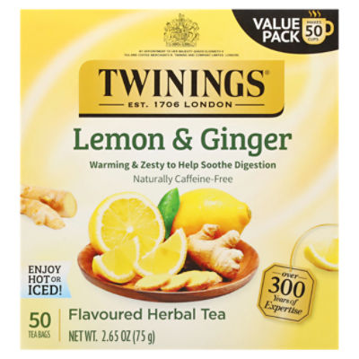 Twinings Lemon & Ginger Flavoured Herbal Tea Bags, 50 count, 2.65 oz