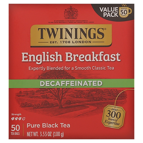 Twinings of London English Breakfast Decaffeinated 100% Pure Black Tea Bags, 50 count