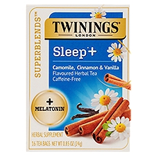 Twinings Superblends Sleep+ Melatonin Camomile, Cinnamon & Vanilla Herbal Supplement, 16 count, 0.85