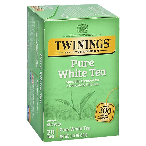 Twinings of London 100% Pure White Tea Bags, 20 count, 1.06 oz
Tea Profile
Strength: 1
Notes: Light, fresh, natural
Origins: Fujian Province, China

Master Blender's Notes
Notes: Light, fresh, natural
Colour: Clean, light, pale-yellow
Strength: 1
Steep Time: 2 minutes (recommended)

White tea is different from all other teas. After the leaves and buds are plucked, they are air dried to prevent oxidation before they are packed. Primarily grown in the Fujian Province of China, White tea is also known as Silvery Tip Pekoe, Fujian White or China White.
White reigns as one of the world's highest quality teas because only the unopened buds and the youngest, most tender tips of the tea bush are chosen. The fine silvery-white hairs on the unopened buds are what gives this tea its name. Twinings Pure White tea is hand-picked in the spring to yield a delicately smooth tea with a light, natural taste.
Rishi Raaj Deb-Master Blender