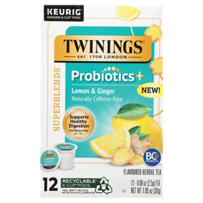 Twinings Superblends Probiotics+ Lemon & Ginger Herbal Tea K-Cup Pods, 0.08 oz, 12 count