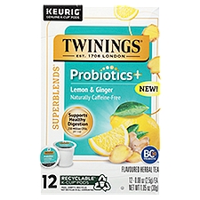 Twinings Superblends Probiotics+ Lemon & Ginger Herbal Tea K-Cup Pods, 0.08 oz, 12 count