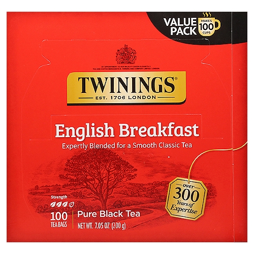 Twinings of London English Breakfast 100% Pure Black Tea Bags, 100 count, 7.05 oz
Enjoy the smooth, full-bodied taste of this classic tea any time of the day.

Tea Profile
Strength: 3
Notes: Smooth, flavourful, robust
Origins: Malawi, Kenya and Assam

Master Blender's Notes
Notes: Smooth, flavourful, robust
Colour: Bright, coppery-red
Strength: 3
Steep Time: 4 minutes (recommended)

English Breakfast is our most popular tea. To create this well-balanced blend, we carefully select the finest teas from five different regions, each with its own unique characteristics.

Tea from Kenya and Malawi provides the briskness and coppery-red colour while Assam tea gives full body and flavour. The robustness from these regions is complemented by softer and more subtle teas. The combination of these varieties yields a complex, full-bodied and lively cup of tea that is perfect any time of day.
Jeremy Sturges-Master Blender