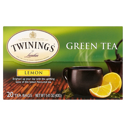 Twinings of London Lemon Green Tea Bags, 20 count, 1.41 oz
Brighten up your day with the uplifting taste of this lemon flavoured tea

Master Blender's Notes
Notes: Fresh, fragrant, sweet
Colour: Bright, honey-yellow
Steep time: 2 minutes (recommended)

Green tea is the world's most consumed type of tea. Unlike other tea types, freshly picked leaves are quickly heated after harvesting to prevent the tea from oxidizing. Two methods are used to heat the leaves - pan fired for an earthy, more roasted taste, or steamed at high temperatures for a lighter, more delicate taste. This process stops the enzymatic activity in the leaf which allows them to retain their distinctive taste, flavour, aroma and appearance. Green tea is mostly produced in China, where 80% of the world's Green tea is sourced.

To create this well-balanced blend, we start by carefully selecting the finest pan-fired teas from China and other countries. The teas are blended together with the fresh, uplifting flavour of lemon to create a fragrant tea with a slightly sweet taste.

Mike Wright-Master Blender