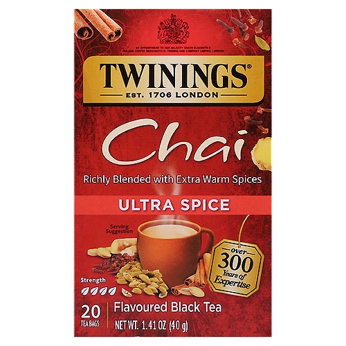 Twinings of London Ultra Spice Chai Tea Bags, 20 count, 1.41 oz
Fine black tea perfectly balanced with more of the sweet and savoury spice flavours of cinnamon, cardamom, cloves and ginger.

The finest black tea expertly blended with more of the sweet and savoury spice flavours of cinnamon, cardamom, cloves and ginger to deliver a robust tea with a rich, vibrant aroma and bold, spicy taste.