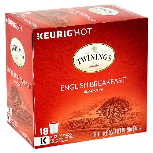 Twinings of London English Breakfast Black Tea K-Cup Pods, 0.11 oz, 18 count
Teas that fit your every mood®

English Breakfast is our most popular tea. To create this well-balanced blend, we carefully select the finest teas from five different regions, each with its own unique characteristics.
Tea from Kenya and Malawi provides the briskness and coppery-red colour while Assam gives full body and flavour. The robustness from these regions is complemented by the softer and more subtle teas from China and Indonesia. The combination of these varieties yields a complex, full-bodied, lively cup of tea that is perfect any time of day.