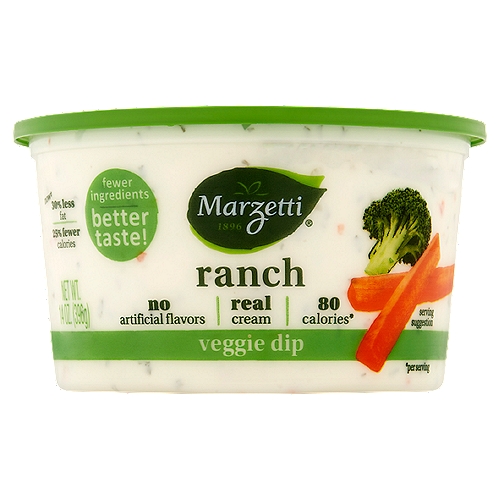 Marzetti Ranch Veggie Dip, 14 oz
Fewer ingredients, better taste!

Now‡ 30% less fat, 25% fewer calories
‡New recipe contains 80 calories and 7g fat per serving. Previously contained 110 calories and 11g fat per serving.

8 calories*
*Per serving