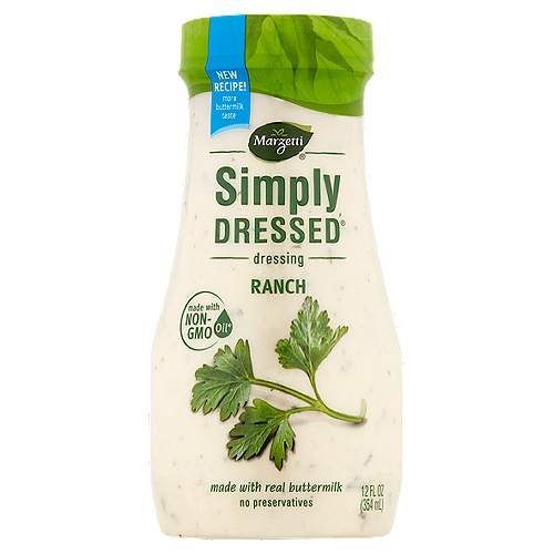 Marzetti Simply Dressed Ranch Dressing, 12 fl oz
Made with:
Real buttermilk, real white wine vinegar, non-GMO canola oil*, real garlic and onion
*Oil used is made from seeds that were not genetically engineered

Left out:
No artificial flavor or color, no high fructose corn syrup, gluten free