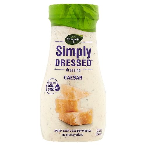 Marzetti Simply Dressed Caesar Dressing, 12 fl oz
Made with:
Extra virgin olive oil, real red wine vinegar, non-GMO canola oil*, real parmesan cheese
*Oil used is made from seeds that were not genetically engineered

Left out:
No artificial flavor or color, no high fructose corn syrup, gluten free