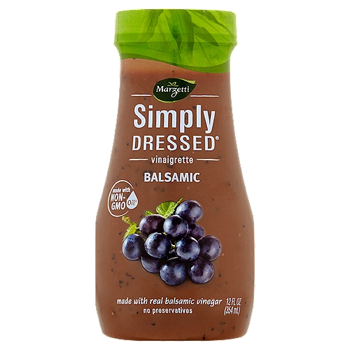 Marzetti Simply Dressed Balsamic Vinaigrette, 12 fl oz
Made with:
Extra virgin olive oil, real balsamic vinegar, non-GMO canola oil*
*Oil used is made from seeds that were not genetically engineered

Left out:
No artificial flavor or color, no high fructose corn syrup, gluten free