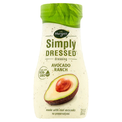 Marzetti Simply Dressed Avocado Ranch Dressing, 12 fl oz
Made with:
Real buttermilk, real white wine vinegar, non-GMO canola oil*, real avocado
*Oil used is made from seeds that were not genetically engineered

Left out:
No artificial flavor or color, no high fructose corn syrup, gluten free