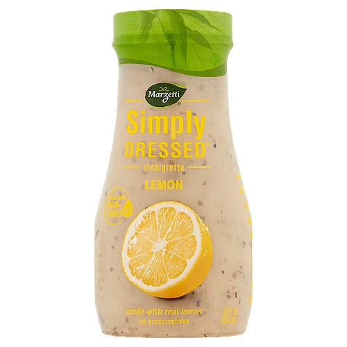 Marzetti Simply Dressed Lemon Vinaigrette, 12 fl oz
Made with:
Extra virgin olive oil, real white wine vinegar, non-GMO canola oil*, real lemon
*Oil used is made from seeds that were not genetically engineered

Left out:
No artificial flavor or color, no high fructose corn syrup, gluten free