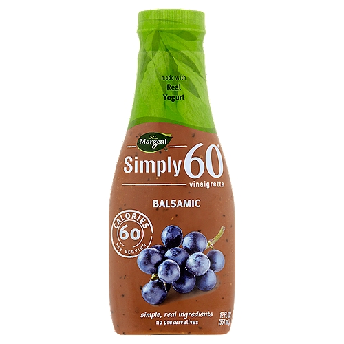 Marzetti Simply 60 Balsamic Vinaigrette, 12 fl oz
Made with non-GMO oils*
*Oil used is made from seeds that were not genetically engineered

Simple tastes best.
That's our belief - even if you're mindful of calories. That's why Marzetti Simply 60 Balsamic Vinaigrette is made with simple, real ingredients - like real balsamic vinegar and real yogurt - and has no preservatives.
Real ingredients. Real delicious. 60 calories.