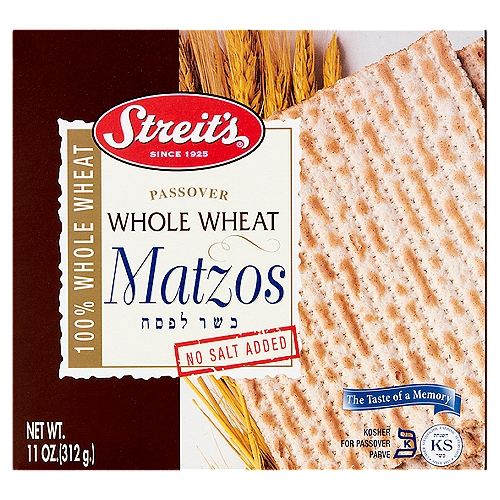Streit's Passover No Salt Added Whole Wheat Matzos, 11 oz