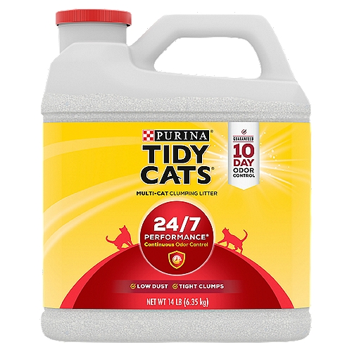 Purina Tidy Cats 24/7 Performance Multi-Cat Clumping Litter, 14 lbnTame litter box odors with Purina Tidy Cats 24/7 Performance clumping litter. This scented litter made with natural clay plus a deodorizing system guarantees 10-day odor control when used as directed.