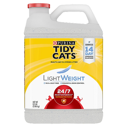 Purina Tidy Cats 24/7 Performa LightWeight Clumping Litter for Multiple Cats, 8.5 lb
Guaranteed to Prevent Ammonia Odor for 2 Weeks
Power up your odor-fighting arsenal with Tidy Cats® LightWeight 24/7 Performance® with Ammonia Blocker. Fight urine and fecal odors around the clock, while added odor control keeps ammonia odor from forming for at least 2 weeks when used as directed. Plus it clumps tight and weighs half as much as leading clumping litter. Now that's performance!

A Revolution in Litter®
Tidy Cats® LightWeight 8.5 lb = Leading Clumping Litter 20 lb 