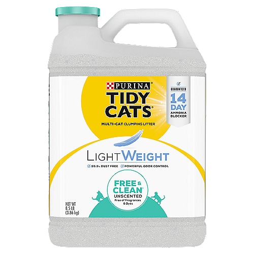 Purina Tidy Cats LightWeight Free & Clean Unscented Clumping Litter for Multiple Cats, 8.5 lb
Unscented Odor Control Powered by Activated Charcoal
Discover the power of Tidy Cats® LightWeight Free & Clean™, an unscented litter that's free of fragrances and dyes and features odor-absorbing activated charcoal. TidyLock® with ammonia blocker keeps ammonia odor from forming for at least 2 weeks when used as directed, plus it clumps tight and weighs half as much as leading clumping litter. It's the clean you need free of the stuff you don't.

A Revolution in Litter®
Tidy Cats® LightWeight 8.5 lb = Leading Clumping Litter 20 lb