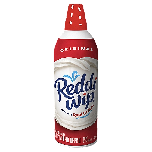 Reddi Wip Original Dairy Whipped Topping, 6.5 oz
Reddi Wip Original Whipped Topping serves up a delicious, rich cream taste for a versatile dessert topping. The original version of this dairy whipped topping offers a classic texture and dairy flavor you know and love. You won't miss the other whipped cream products you were using before. Made with real cream as the first ingredient, this whipped topping is made with no artificial flavors or artificial sweeteners. It has 15 calories per serving and is made without hydrogenated oils, which are commonly found in other whipped topping products. It's also gluten free, keto friendly (0g of protein, 1g net carbs [1g total carbs minus 0g dietary fiber], and 1g added sugar per serving) and fits a low carb lifestyle (1g net carbs per serving [1g total carbs minus 0g dietary fiber]). Reddi Wip Original Whipped Topping will bring a real, expressive and indulgent addition to anything.