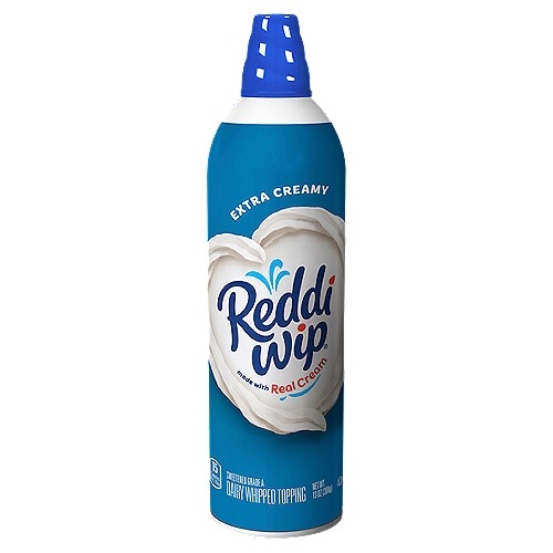 Reddi Wip Extra Creamy Dairy Whipped Topping, 13 oz
Reddi Wip Extra Creamy Whipped Topping serves up a delicious, rich cream taste for a versatile dessert topping. The extra creamy version of the original dairy whipped topping offers even more of the dairy flavor you know and love with an extra creamy texture and full, rich cream taste. You won't miss the other whipped cream products you were using before. Made with real cream as the first ingredient, this whipped topping is made with no artificial flavors or artificial sweeteners. It has 15 calories per serving and is made without hydrogenated oils, which are commonly found in other whipped topping products. It's also gluten free, keto friendly (0g of protein, 1g net carbs [1g total carbs minus 0g dietary fiber], and 1g added sugar per serving) and fits a low carb lifestyle (1g net carbs per serving [1g total carbs minus 0g dietary fiber]). Reddi Wip Extra Creamy Whipped Topping will bring a real, expressive and indulgent addition to anything. 