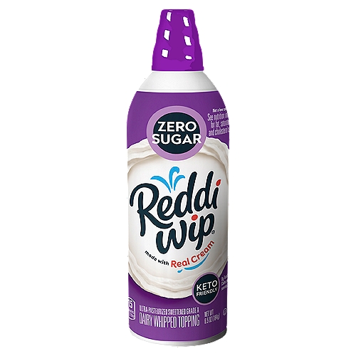 What's better than creamy, delicious Reddi-wip Whipped Topping? Creamy, delicious Reddi-wip Zero Sugar Whipped Topping! The yummy, made-with-real-cream flavor you love has 0 g sugar, 0 carbs, and 15 calories per serving; contains no artificial flavors; and is gluten free and keto friendly,* so go ahead and add it to everything. It is great in coffee or as a topping on fruit, on waffles, in smoothies, on sundaes and on all your favorite keto desserts. You can even eat it all by itself; we won't tell.  * 0 g net carbs (0 g total carbohydrates minus 0 g dietary fiber), and 0 g added sugar per serving No Artificial Growth Hormone** **No Significant Difference Has Been Shown Between Milk Derived from rBST-Treated & Non-rBST-Treated Cows. All Milk Contains the Naturally-Occurring Growth Hormone BST.