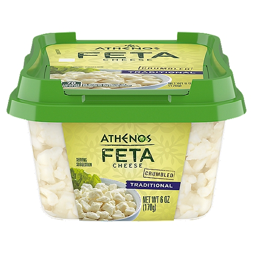Athenos Traditional Crumbled Feta Cheese is made simply and with respect for the ingredients. This feta requires extra time and care to create the perfect creamy, tangy taste that's great in Mediterranean salad, spanikopita or spinach and feta dips. Athenos Traditional Crumbled Feta Cheese makes a hearty and flavorful addition to any dish. Use these crumbles to create an irresistible stuffed chicken dish, enjoy them as a salad topping, or spread these traditional feta crumbles onto avocado toast for a satisfying afternoon snack. This traditional feta cheese is packaged in an easy-to-open 6 ounce tub  that can be resealed help lock in flavor.nn• One 6.0 oz. tub of Athenos Traditional Crumbled Feta Cheesen• Athenos Traditional Crumbled Feta Cheese is made traditionally for authentic Greek flavorn• This crumbled feta cheese has a great tangy flavorn• Perfect crumbles offer convenient, mess-free kitchen prepn• Made with pasteurized part-skim milkn• Great in salads, on pizza and in Greek-inspired dishesn• Airtight, resealable packaging helps lock in flavor