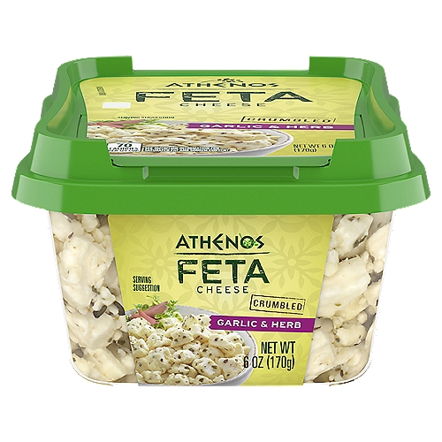 Athenos Garlic and Herb Feta Cheese Crumbles are made simply and with respect for the ingredients. This feta cheese with garlic and herbs requires extra time and care to create the creamy, tangy taste you love. Garlic and savory spices lend delicious flavor to the feta cheese, and the zesty cheese is pre-crumbled to keep kitchen prep time to a minimum. Use these crumbles to create an irresistible stuffed chicken dish, enjoy them as a salad topping, or spread these traditional feta crumbles onto avocado toast for a satisfying afternoon snack. This feta cheese is packaged in an easy-to-open 6 ounce tub that can be resealed to help lock in flavor.nn• One 6.0 oz. tub of Athenos Garlic and Herb Feta Cheese Crumblesn• Athenos Garlic and Herb Feta Cheese is crumbled for convenience and has creamy, tangy tasten• Garlic and herbs give this crumbled feta cheese delicious savory flavorn• Garlic herb feta is crumbled for easy, mess-free kitchen prepn• Made with pasteurized part skim milkn• Feta cheese crumbles give salads, pasta and other favorite dishes irresistible flavorn• Airtight, resealable packaging helps lock in flavor