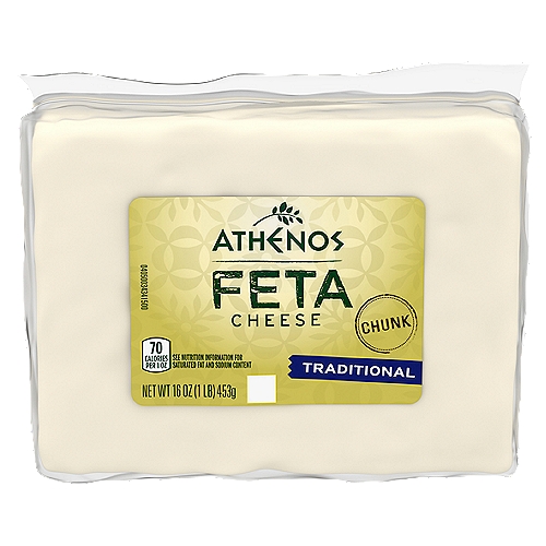 Athenos Traditional Feta Cheese Chunks are made simply and with respect for the ingredients. This traditional feta cheese requires extra time and care to create the perfect creamy, tangy taste you love. The chunk-style feta cheese block is easy to cut into the size you need for your dish and is great for quick meal-prep. Sprinkle this cheese over Mediterranean feta pizza, add it to a quinoa feta salad, or use it for contrasting texture and added flavor in your favorite spinach feta dip. This traditional Greek feta cheese is packaged in an easy-to-open pack that can be resealed to help lock in flavor.nn• One 16.0 oz. tub of Athenos Traditional Feta Cheese Chunksn• Athenos Traditional Feta Cheese Chunks are made the traditional way for quality and consistencyn• Feta cheese is creamy and tangyn• Chunk cheese is easy to slice and crumblen• Made with pasteurized part skim milkn• Use on pizza, salad, focaccia and moren• Airtight, resealable packaging helps lock in flavor
