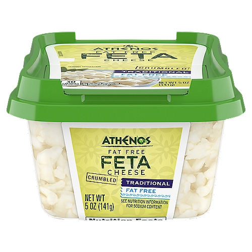 Athenos Fat Free Traditional Feta Cheese Crumbles are made simply and with respect for the ingredients. This feta requires extra time and care to create the perfect fat free feta with all the same creamy, tangy taste you love. Made from pasteurized skim milk, this fat free cheese has 30 calories and 7 grams of protein per 1/4 cup serving, making it a smart and satisfying addition to your favorite recipes. Use these crumbles to create an irresistible stuffed chicken dish, enjoy them as a salad topping, or spread these traditional feta crumbles onto avocado toast for a satisfying afternoon snack. This fat free feta cheese is packaged in an easy-to-open 5 ounce tub that can be resealed to keep the cheese fresh.nn• One 5 oz. package of Athenos Fat Free Traditional Feta Cheese Crumblesn• Athenos Fat Free Traditional Feta Cheese Crumbles has the same delicious taste with less fatn• This crumbled feta cheese has a great tangy flavorn• Perfect crumbles offer convenient, mess-free kitchen prepn• Made with pasteurized skim milkn• Feta cheese has 30 calories and 7 g. of protein per 1/4 cup servingn• Traditional feta crumbles give salads, pasta dishes and snacks irresistible savory flavorn• Airtight, resealable packaging keeps the fat free cheese fresh