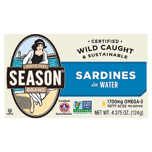 Season Brand Sardines in Water, 4.375 oz
Nutrition Highlights
Per Serving
Protein 22g; Calcium 28%; Omega-3 1700mg
