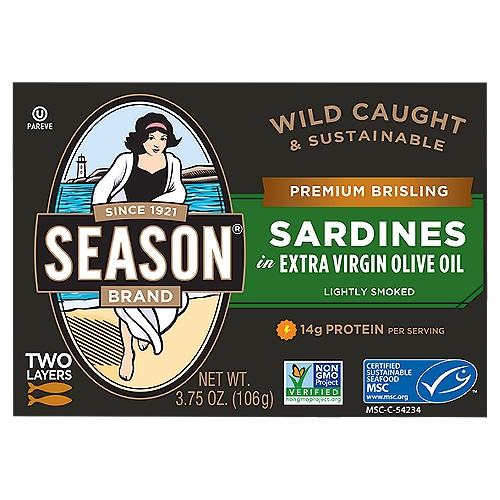 Season Brand Lightly Smoked Sardines in Extra Virgin Olive Oil, 3.75 oz
Nutrition Highlights
Per Serving
Protein 14g; Vitamin D 43%; Omega-3 1900mg