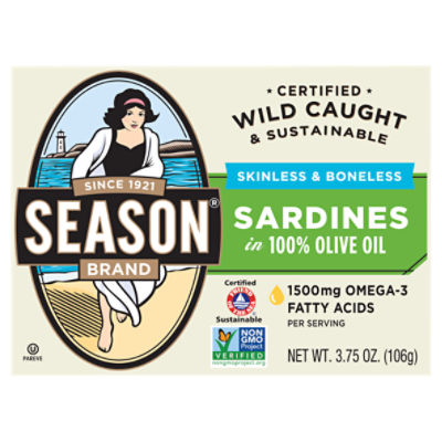 Season Brand Skinless & Boneless Sardines in 100% Olive Oil, 3.75 oz