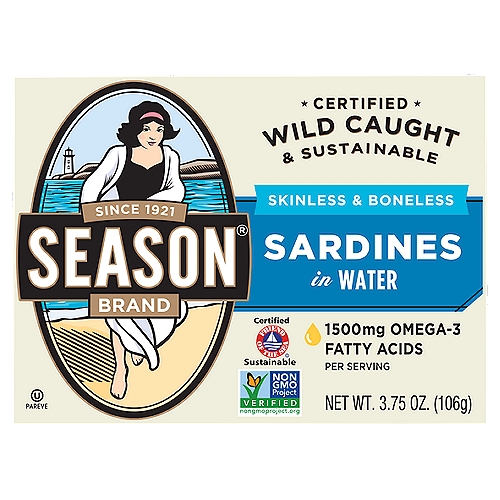 Season Brand Skinless & Boneless Sardines in Water, 3.75 oz
Nutrition Highlights
20g Protein, 13% Vitamin D, 1500mg Omega-3 per Serving