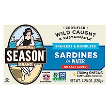 Season Brand Skinless & Boneless No Salt Added Sardines in Water, 4.25 oz