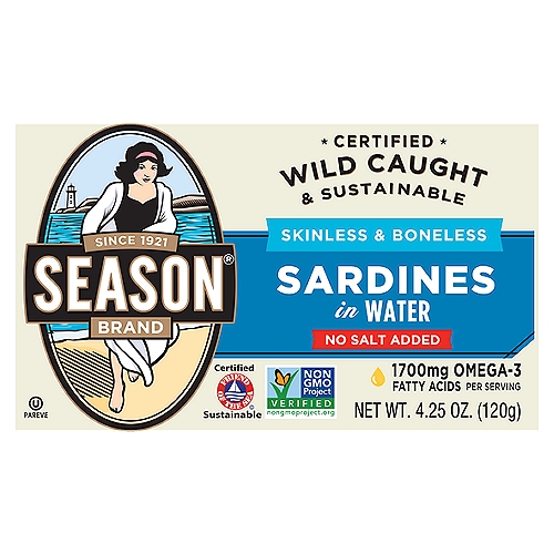 Season Brand No Salt Added Skinless & Boneless Sardines in Water, 4.25 oz
Nutrition Highlights
Per serving
Protein 22g; Vitamin D 15%; Omega-3 1700mg