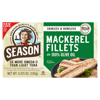 Season Brand Skinless & Boneless Mackerel in 100 Olive Oil, 4.375 oz