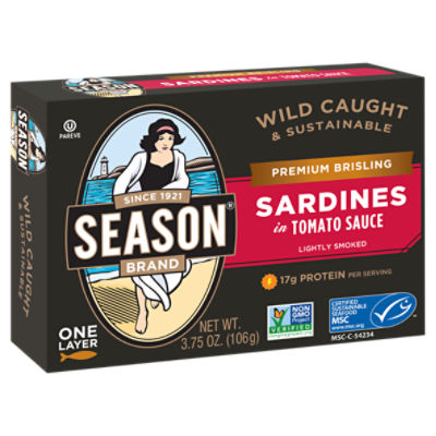 Season Brand Premium Brisling Lightly Smoked Sardines in Tomato Sauce, 3.75 oz