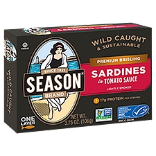 Season Brand Lightly Smoked Premium Brisling in Tomato Sauce, Sardines, 3.75 Ounce