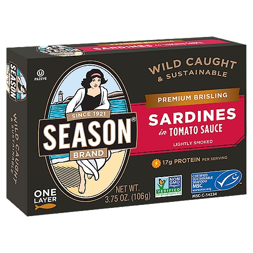 Season Brand Lightly Smoked Premium Brisling Sardines in Tomato Sauce, 3.75 oz
Nutrition Highlights
17g Protein, 80% Vitamin D, 3900mg Omega-3 per Serving